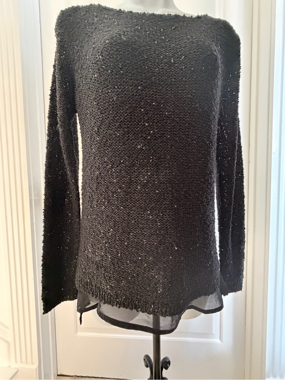 Apt. 9 Black Off-the-Shoulder Sequin Knit Sweater with Sheer Hem